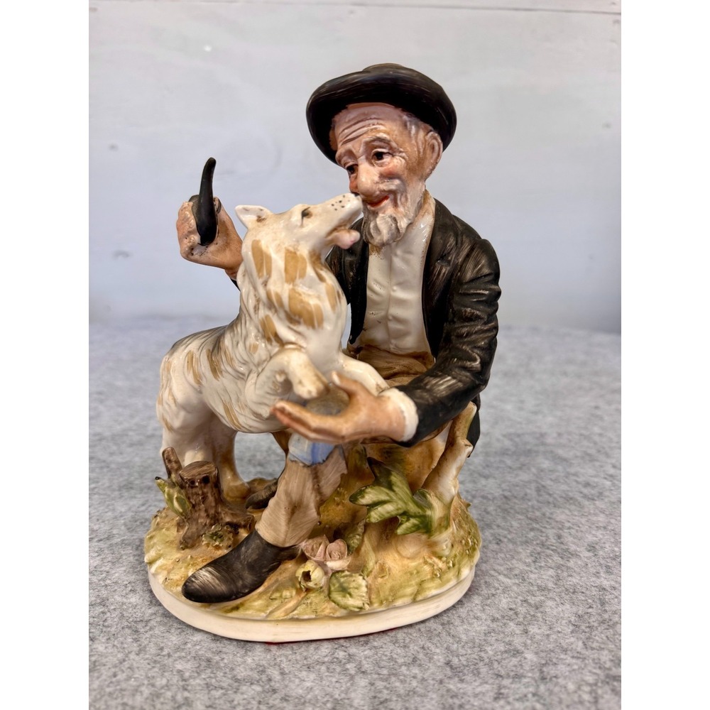 Vintage Norleans Japan‎ Old Man Sitting on a Tree Stump W/Collie Figurine